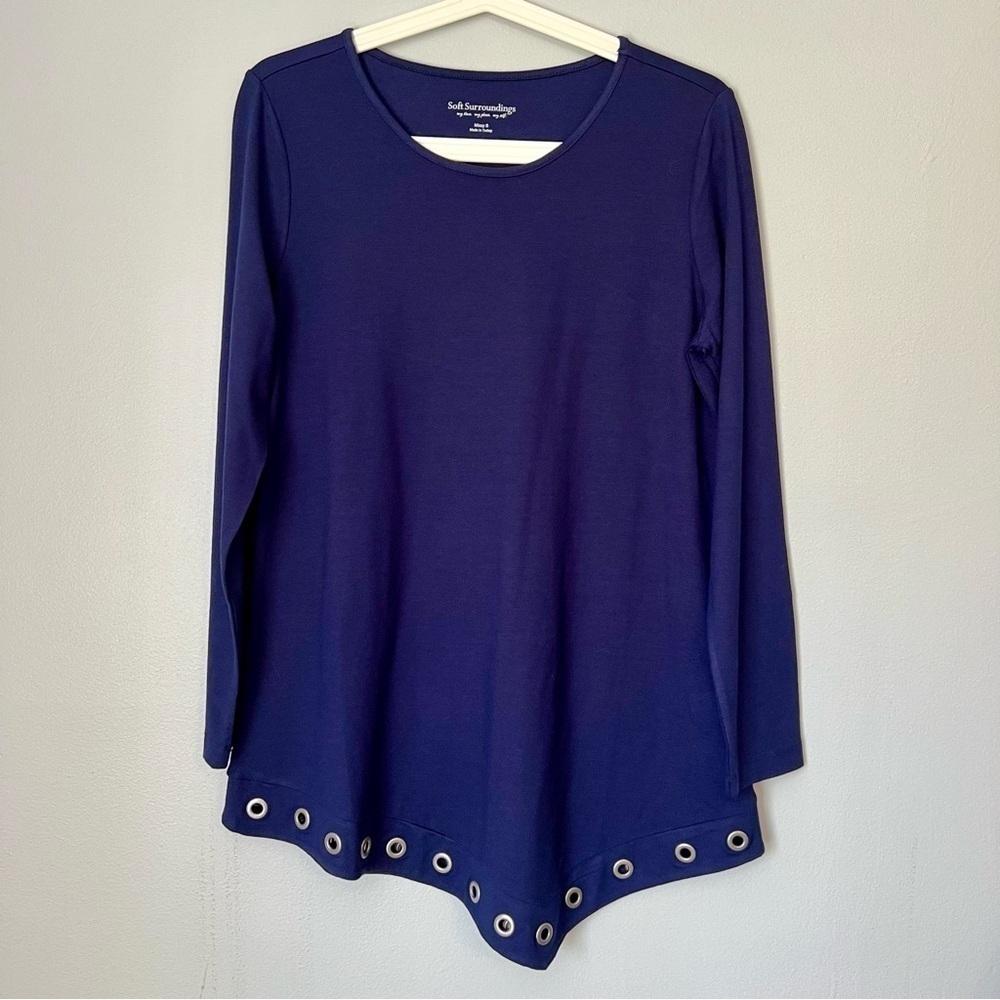 Soft Surroundings Missy S Navy Grommet Asymmetrical Metal Eyelets Hem Tunic Top